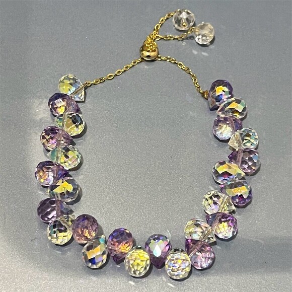 Unknown Jewelry - Adjustable Slider Glass Bracelet Purple Faceted Crystal Teardrop Gift Evening